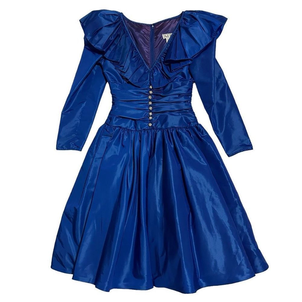 Vtg 80s A.J Bari Neiman Marcus Royal Blue Taffeta Dress Crystal Buttons, 
Sz 2/4